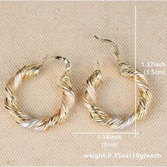 14k Gold Plated Tri-Color Metals Twisted Hoop Earrings - Picture 5 of 5